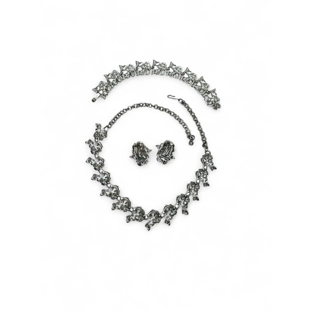 Judy Lee Vintage Floral Crystal Necklace Bracelet & Clip-On Earrings Set
